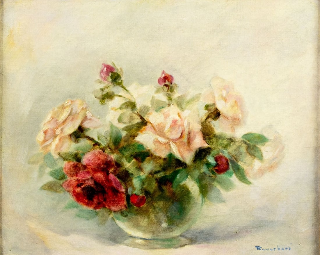 M Reverberi (France,20C) oil painting: ARTIST: M Reverberi (French, 20 century) TITLE: Still Life with Vase of Roses MEDIUM: oil on canvas CONDITION: Some craquelure. No visible inpaint under UV light. Some damag