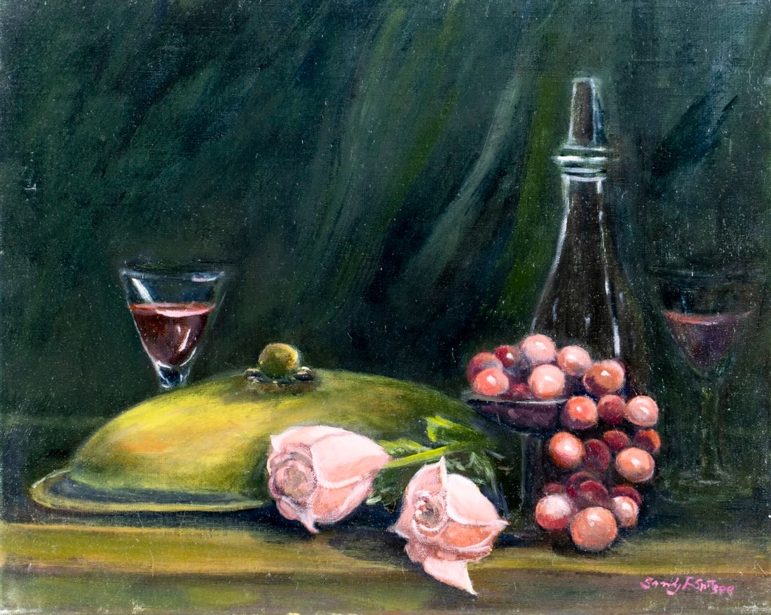 Sandy Faland Spitzer (NY,20/21C) oil painting: ARTIST: Sandy Faland Spitzer (New York, 20/21 centuries) TITLE: Still Life with Roses, Grapes and Glasses MEDIUM: oil on canvas CONDITION: Overall good. No visible inpaint u