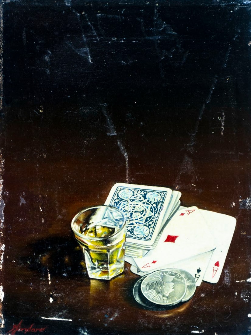 Giordano (US,20C) oil painting: ARTIST: Giordano (American, 20 century) TITLE: Still Life with Cards, Shot Glass and Coins MEDIUM: oil on canvas CONDITION: Some scratches/paint losses. No visible inpaint u