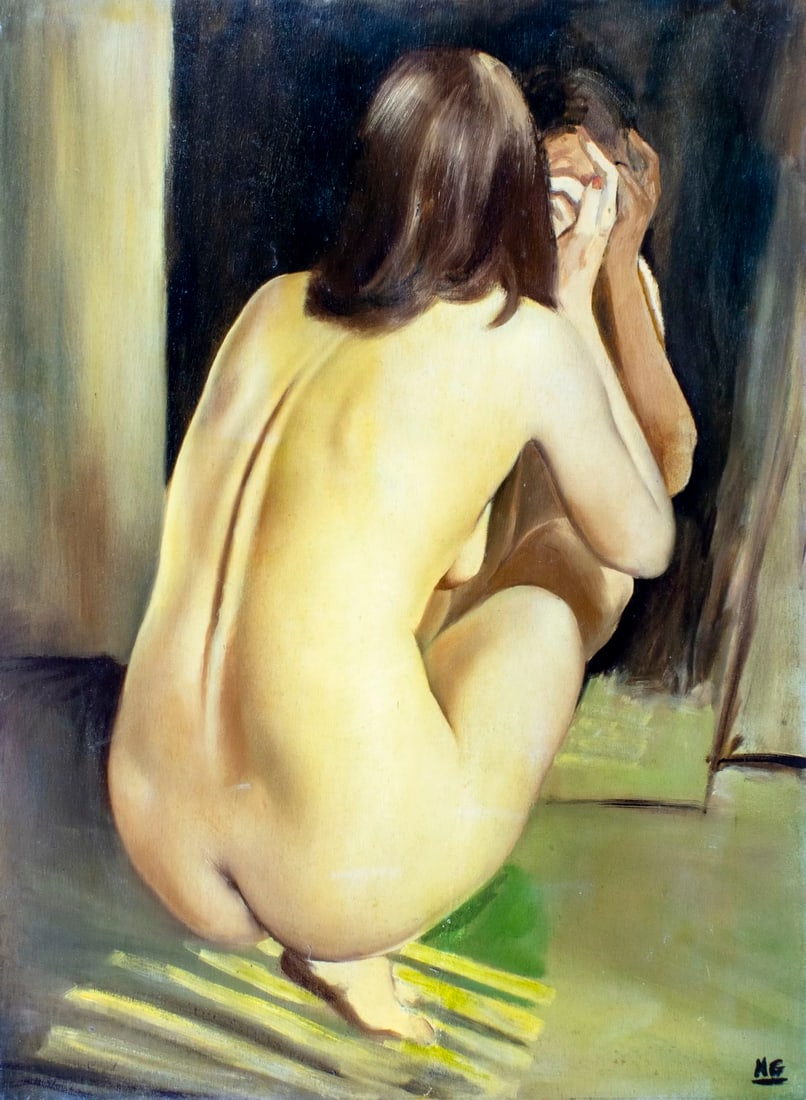 Marc Olivier Gregoire (France,1897-1991) oil painting: ARTIST: Marc Olivier Gregoire (French, 1897 - 1991) TITLE: Seated Nude - Make Up (titled on label) MEDIUM: oil on board CONDITION: Some small damages to edges and corners.