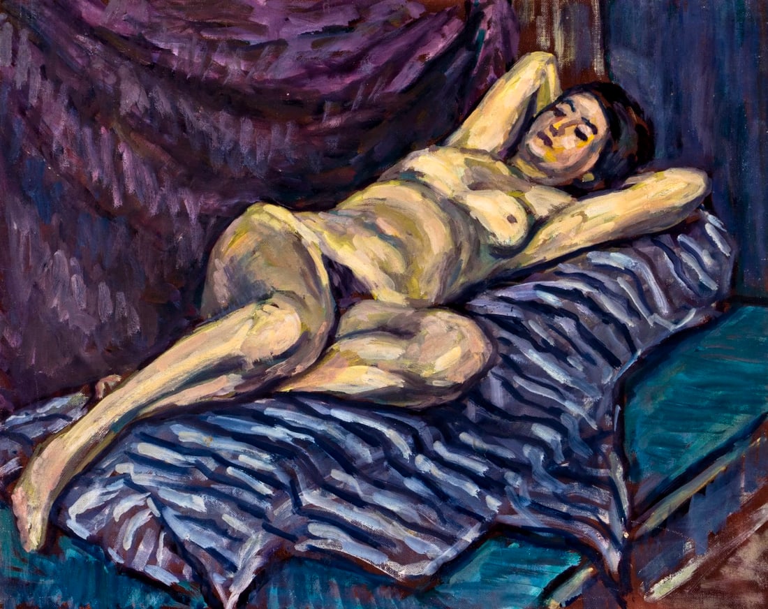 Evelyn Metzger (NY,Brazil,1911-2007) oil painting: ARTIST: Evelyn Borchard Metzger (New York, Brazilian, 1911 - 2007) TITLE: Sleeping Nude MEDIUM: oil on canvas board CONDITION: Few scratches/paint losses. No visible inpaint