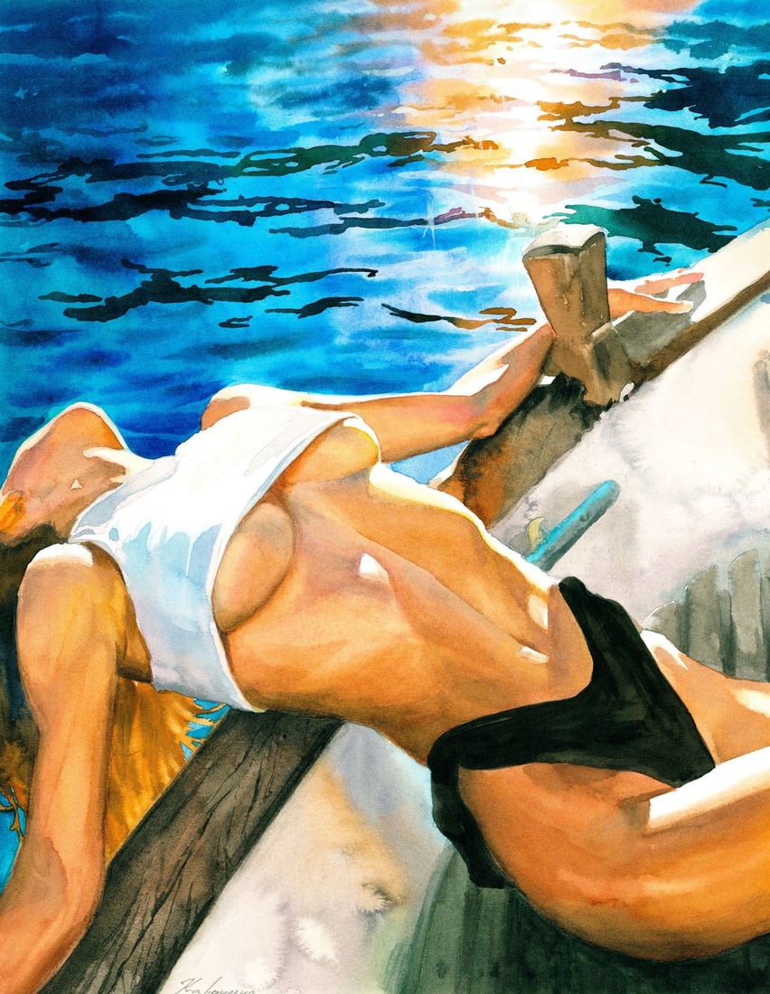 Aleksandra Karaulna (Ukraine,b 1996) watercolor painting: ARTIST: Aleksandra Karaulna (Ukrainian, born 1996) TITLE: Female Semi Nude in Boat MEDIUM: watercolor on heavy paper CONDITION: Very good. ART SIZE: 14 x