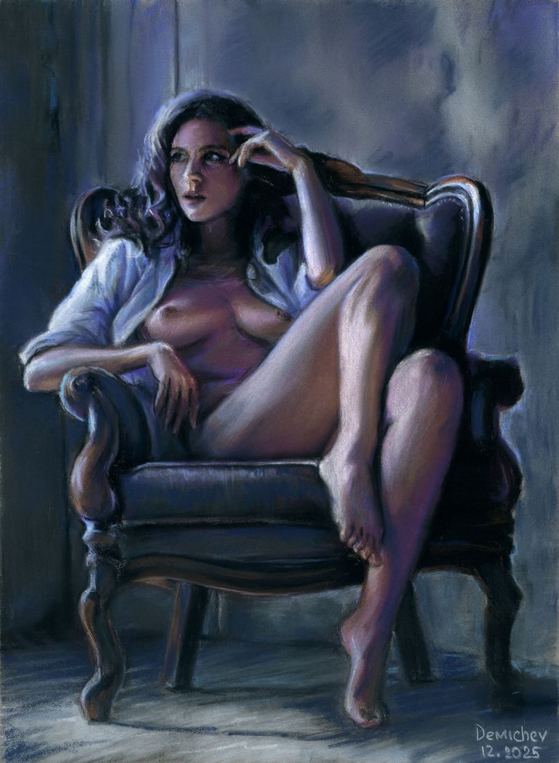 Oleksandr Demichev (Ukraine,20/21C) pastel painting: ARTIST: Oleksandr Demichev (Ukrainian, 20/21 centuries) TITLE: Seated Nude MEDIUM: pastel on heavy paper CONDITION: Very good. ART SIZE: 16 x 12 inches /