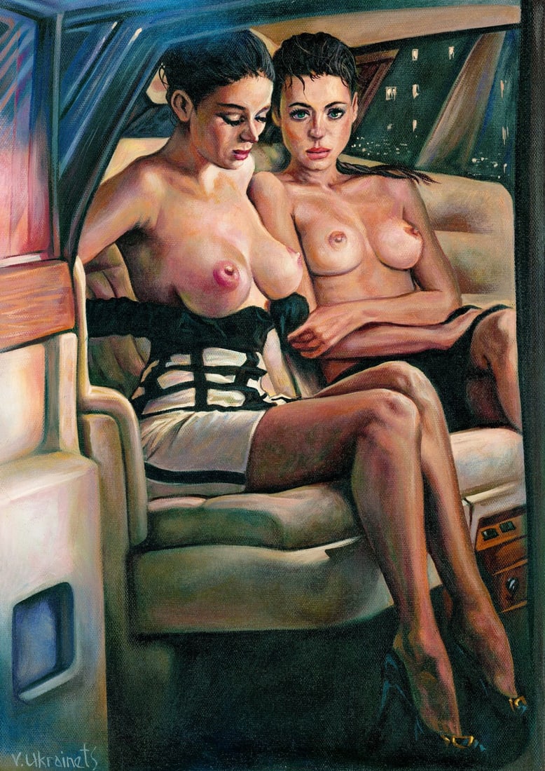 Valentin Ukrainets (Ukraine,b 1965) oil painting: ARTIST: Valentin Ukrainets (Ukrainian, born 1965) TITLE: Nudes - Night Rendevous (titled on verso) MEDIUM: oil on canvas CONDITION: Unstretched (In-House stretching availabl