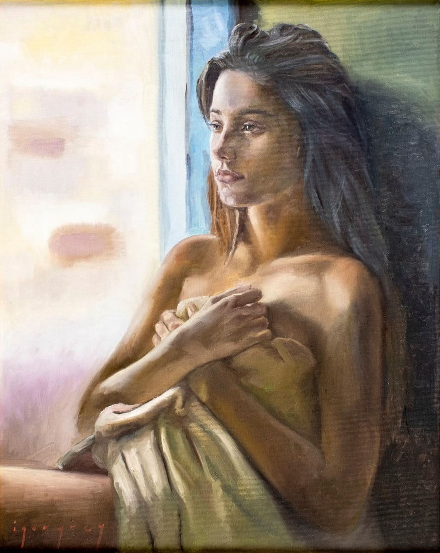 Igor Grey (Ukraine,b 1975) oil painting: ARTIST: Igor Grey (Ukrainian, born 1975) TITLE: Seated Female Semi Nude YEAR: 2016 MEDIUM: oil on canvas CONDITION: Very good. No visible inpaint under U