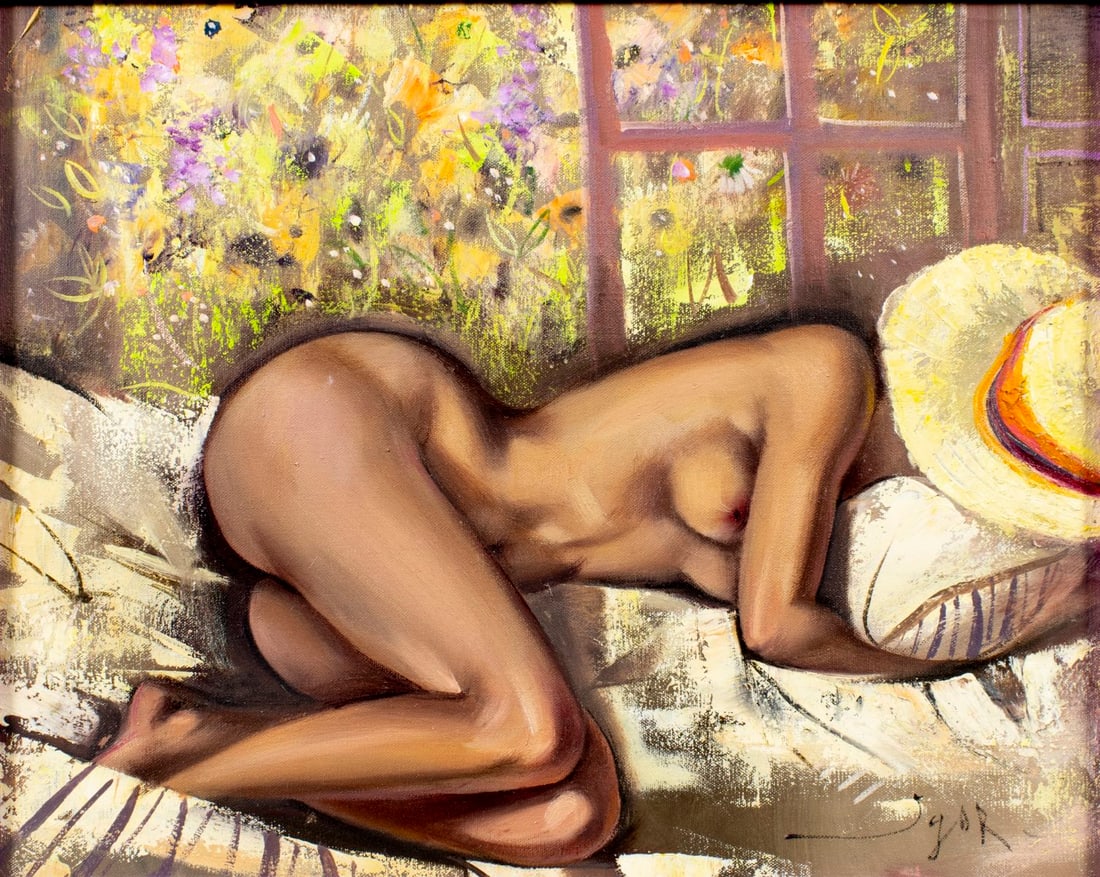 Igor Pantuhoff (NY,Russia,1911-1972) oil painting: ARTIST: Igor Pantuhoff (New York, Russian, 1911 - 1972) TITLE: Sleeping Nude with Hat MEDIUM: oil on canvas CONDITION: Some paint losses (see pictures carefully). Some craqu