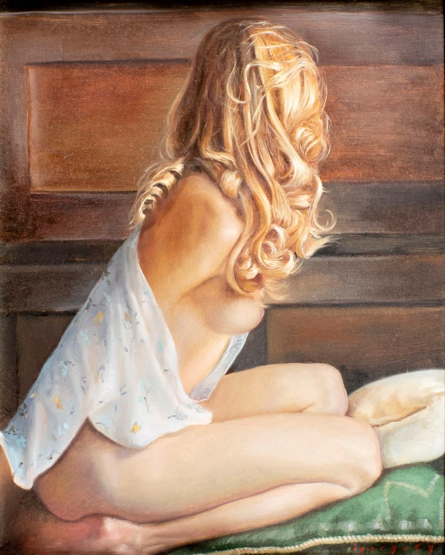 Igor Grey (Ukraine,b 1975) oil painting: ARTIST: Igor Grey (Ukrainian, born 1975) TITLE: Seated Nude - Blond (titled on verso) YEAR: 2016 MEDIUM: oil on canvas CONDITION: Very good. No visible i