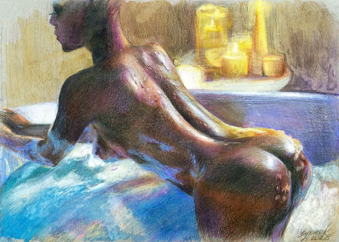 Tatiana Synieok (Ukraine,20/21C) mixed media painting: ARTIST: Tatiana Synieok (Ukrainian, 20/21 centuries) TITLE: Bathing Nude MEDIUM: mixed media on heavy paper CONDITION: Very good. ART SIZE: 8 x 12 inches