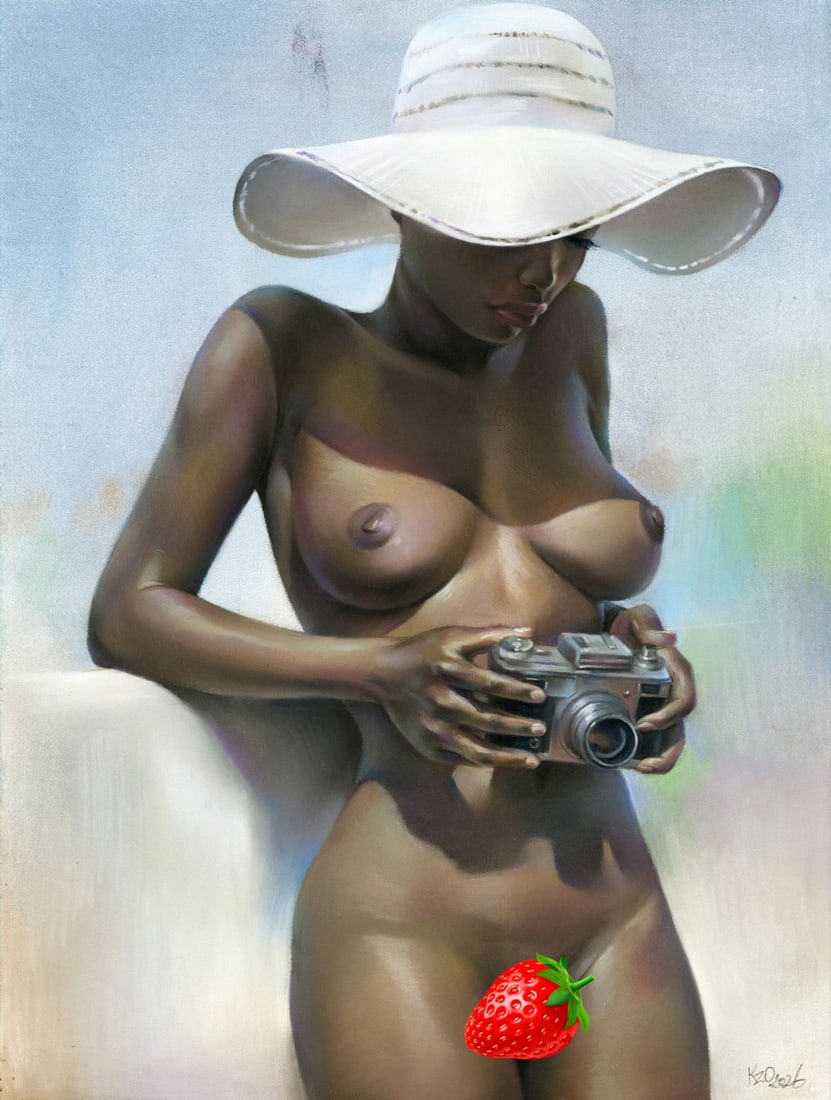 Olga Kuznezova (Ukraine,b 2000) pastel painting: ARTIST: Olga Kuznezova (Ukrainian, born 2000) TITLE: Nude with Camera MEDIUM: pastel on heavy paper CONDITION: Very good. ART SIZE: 16 x 12 inches / 41 x