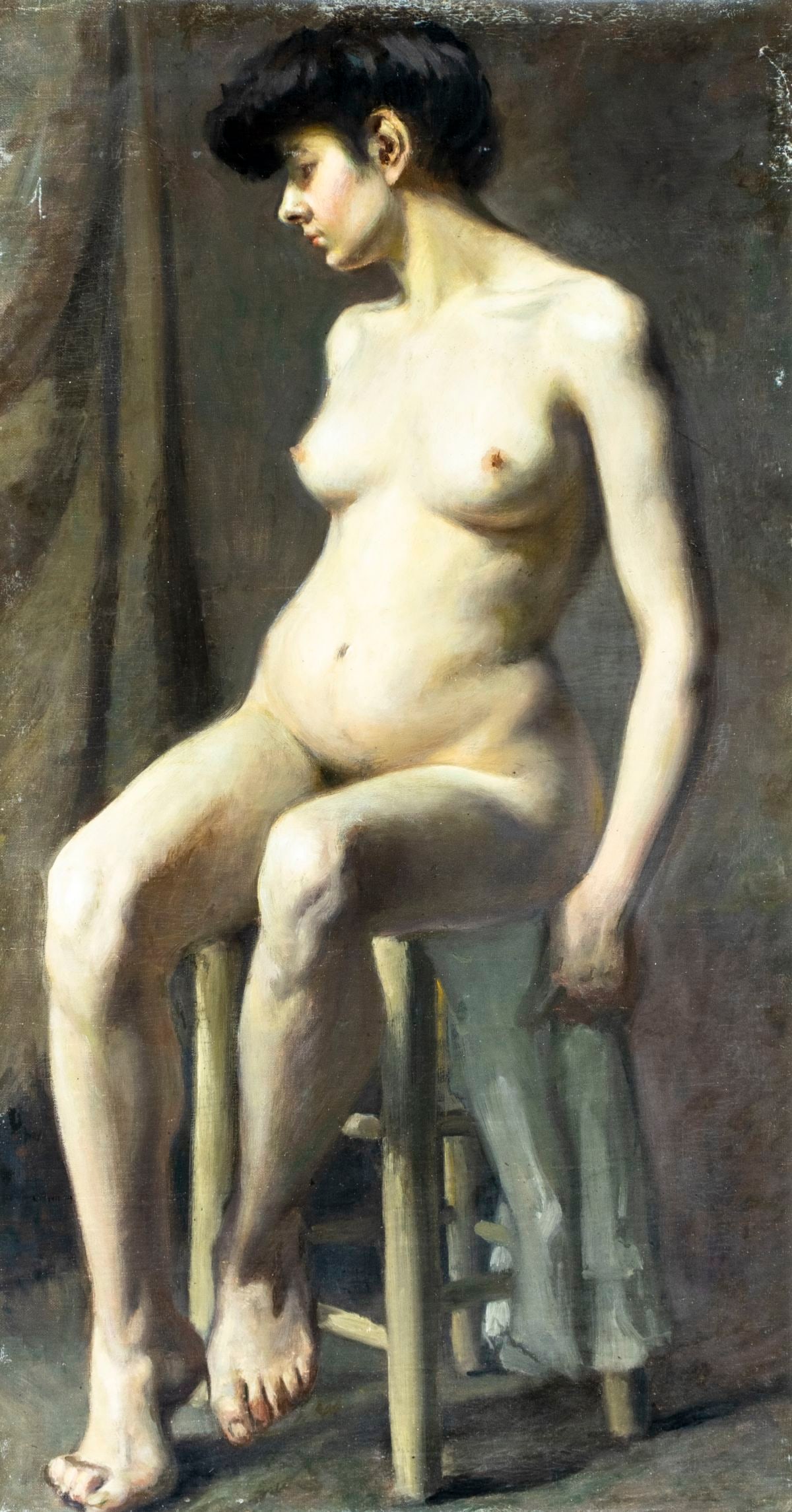 Antique early 20C American oil painting: ARTIST: - (American, early 20 century) TITLE: Seated Nude MEDIUM: oil on canvas CONDITION: Relined. Restretched. Some scratches/paint losses mostly along edges. Minor cra