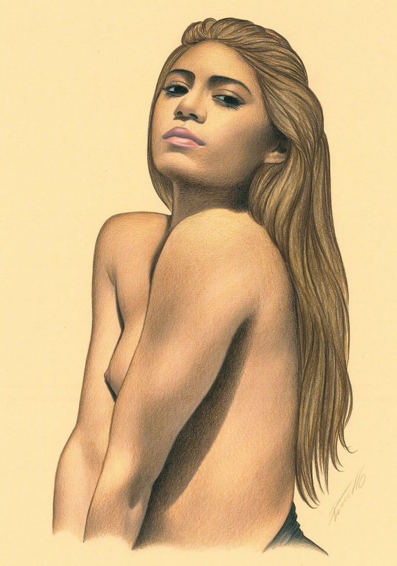 Rene Prudlo (German,b 1974) colored pencil painting: ARTIST: Rene Prudlo (Germany, born 1974) TITLE: Nude MEDIUM: colored pencil on heavy paper CONDITION: Very good. ART SIZE: 12 x 8 inches / 30 x 20 cm