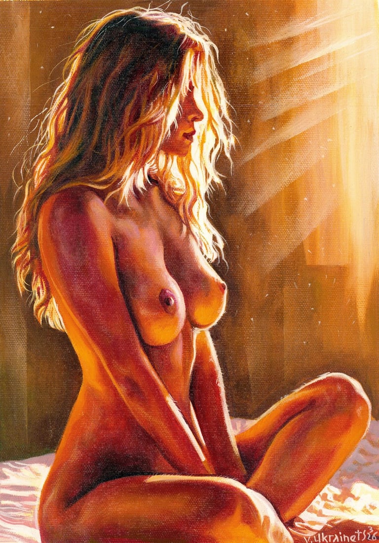 Valentin Ukrainets (Ukraine,b 1965) oil painting: ARTIST: Valentin Ukrainets (Ukrainian, born 1965) TITLE: Nude - Kind Sun Rays MEDIUM: oil on canvas CONDITION: Unstretched (In-House stretching available). Very good. No vis