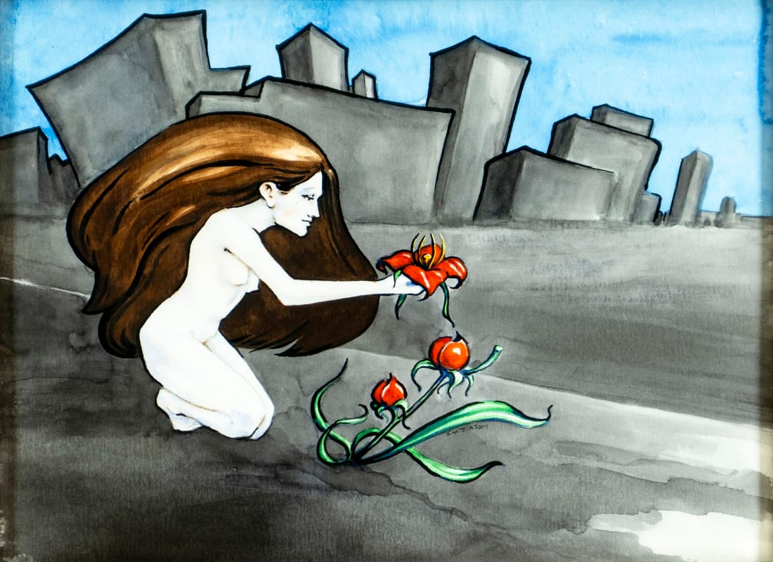 A Santella (US,20/21C) watercolor painting: ARTIST: A Santella (American, 20/21 centuries) TITLE: Nude with Flowers YEAR: 2007 MEDIUM: watercolor on paper CONDITION: Very good. Framed under glass.