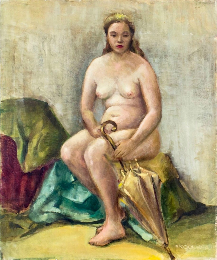 Edward Colker (NY,IL,1927-?) oil painting: ARTIST: Edward Colker (New York, Illinois, 1927 - ???) NAME: Nude with Umbrella MEDIUM: oil on canvas CONDITION: Some small paint losses. Canvas has indentation. Normal wear along edges. No