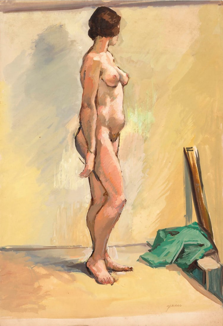 Charles Yeiser (NY,1925-2005) gouache painting: ARTIST: Charles Yeiser (New York, 1925 - 2005) TITLE: Nude MEDIUM: gouache on board CONDITION: Minor damages to corners and edges. Minor foxing. Some age toning.