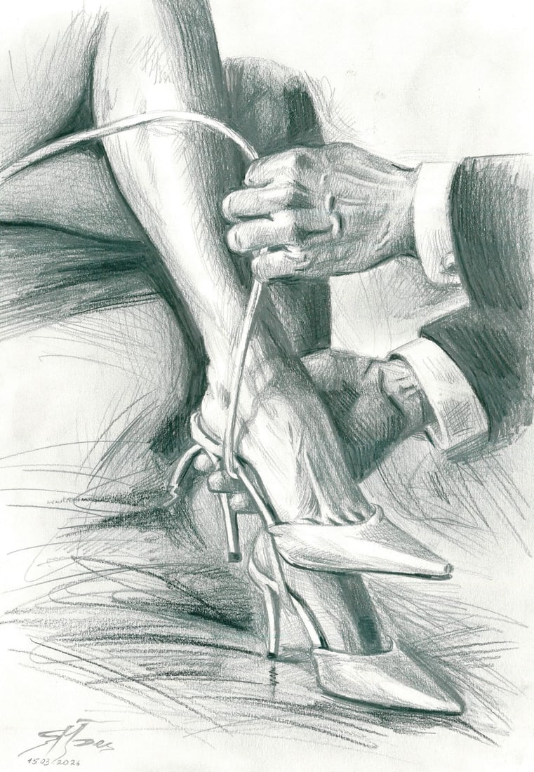 Maria Yarkina (Ukraine,b 1983) graphite painting: ARTIST: Maria Yarkina (Ukrainian, born 1983) TITLE: High Heels MEDIUM: graphite on heavy paper CONDITION: Very good. ART SIZE: 12 x 8 inches / 30 x 20 cm