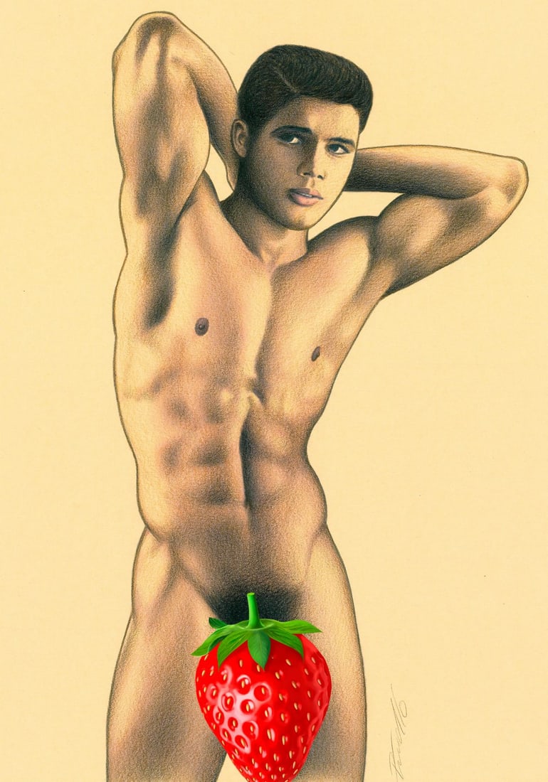 Rene Prudlo (German,b 1974) colored pencil painting: ARTIST: Rene Prudlo (Germany, born 1974) TITLE: Male Nude MEDIUM: colored pencil on heavy paper CONDITION: Very good. ART SIZE: 12 x 8 inches / 30 x 20 c