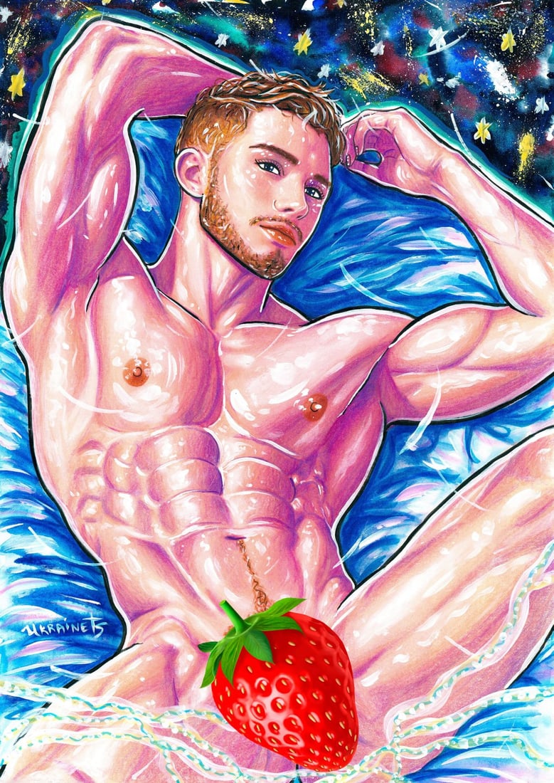 Alex Ukrainets (Ukraine,b 2001) mixed media painting: ARTIST: Alex Ukrainets (Ukrainian, born 2001) TITLE: Male Nude - Born of Stardust (titled on verso) MEDIUM: mixed media on heavy paper CONDITION: Very good. ART S