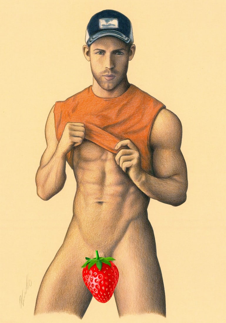 Rene Prudlo (German,b 1974) colored pencil painting: ARTIST: Rene Prudlo (Germany, born 1974) TITLE: Male Nude MEDIUM: colored pencil on heavy paper CONDITION: Very good. ART SIZE: 12 x 8 inches / 30 x 20 c
