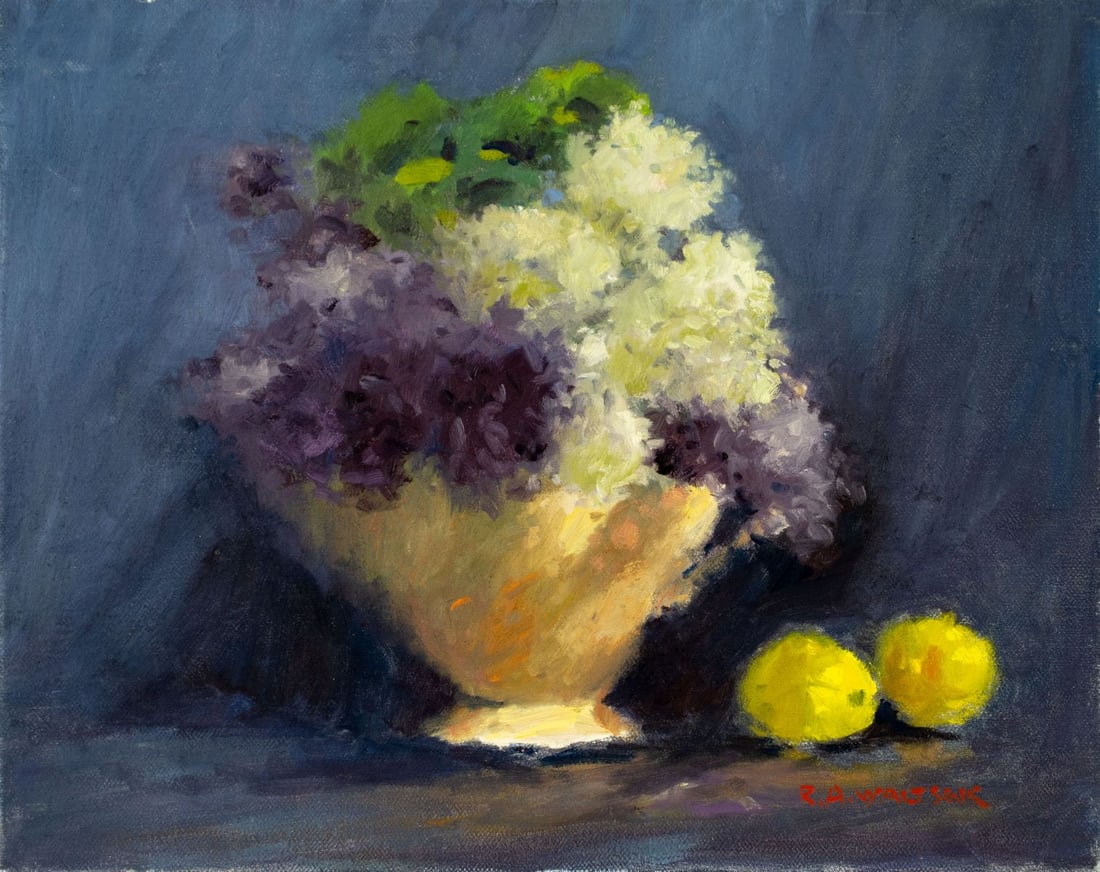 Robert Waltsak (NJ,b 1944) oil painting: ARTIST: Robert Alan Waltsak (New Jersey, born 1944) TITLE: Still Life with Vase of Lilacs and Lemons MEDIUM: oil on canvas CONDITION: Few small scratches/paint losses along