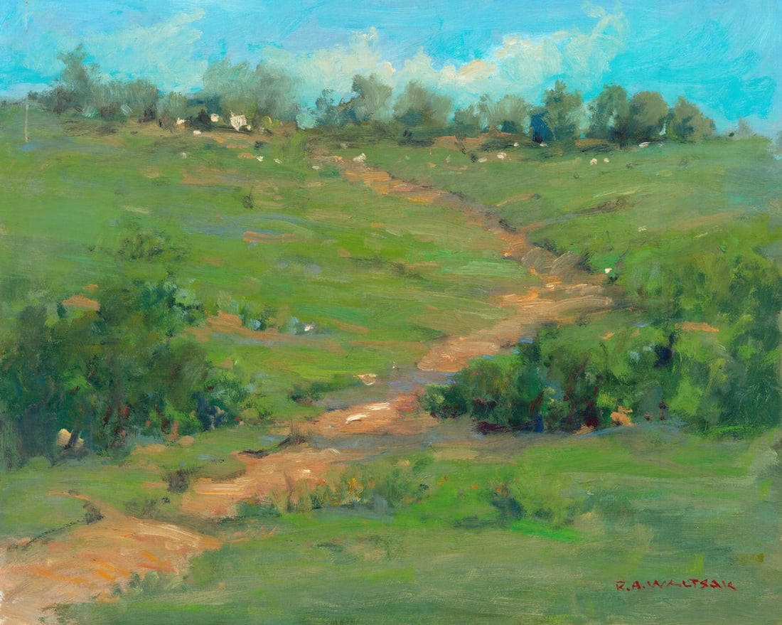 Robert Waltsak (NJ,b 1944) oil painting: ARTIST: Robert Alan Waltsak (New Jersey, born 1944) TITLE: Countryside Landscape MEDIUM: oil on board CONDITION: Few small scratches/paint losses. No visible inpaint under U