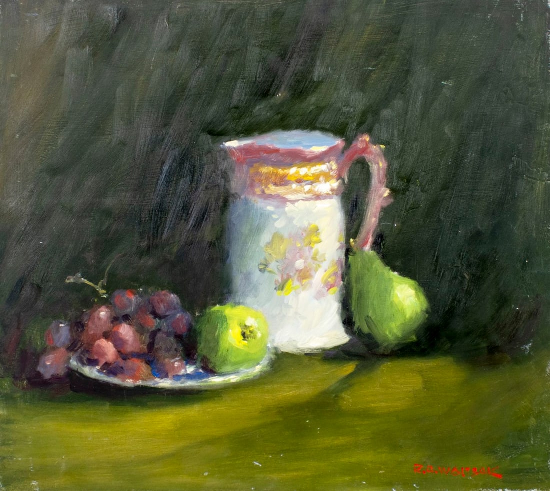 Robert Waltsak (NJ,b 1944) oil painting: ARTIST: Robert Alan Waltsak (New Jersey, born 1944) TITLE: Still Life with Mug, Grapes and Pears MEDIUM: oil on board CONDITION: Some small scratches/paint losses. No visibl