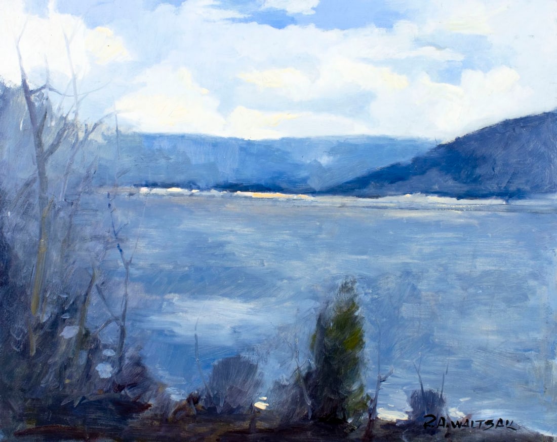Robert Waltsak (NJ,b 1944) oil painting: ARTIST: Robert Alan Waltsak (New Jersey, born 1944) TITLE: River Landscape MEDIUM: oil on board CONDITION: Overall good. No visible inpaint under UV light. Normal wear along