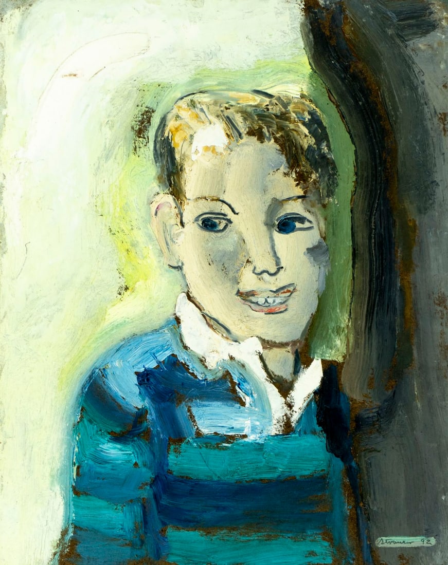 Sterling Strauser (PA,1907-1995) oil painting: ARTIST: Sterling Boyd Strauser (Pennsylvania, 1907 - 1995) TITLE: Portrait of Boy in Blue YEAR: 1992 MEDIUM: oil on board CONDITION: Overall good. No vis