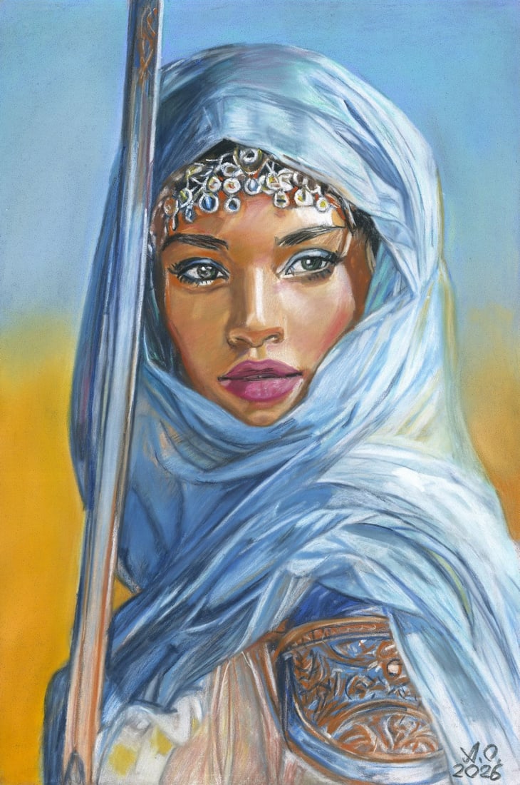 Oleksandr Achkasov (Ukraine,b 1965) pastel painting: ARTIST: Oleksandr Achkasov (Ukrainian, born 1965) TITLE: Portrait of Oriental Woman MEDIUM: pastel on heavy paper CONDITION: Very good. ART SIZE: 12 x 8