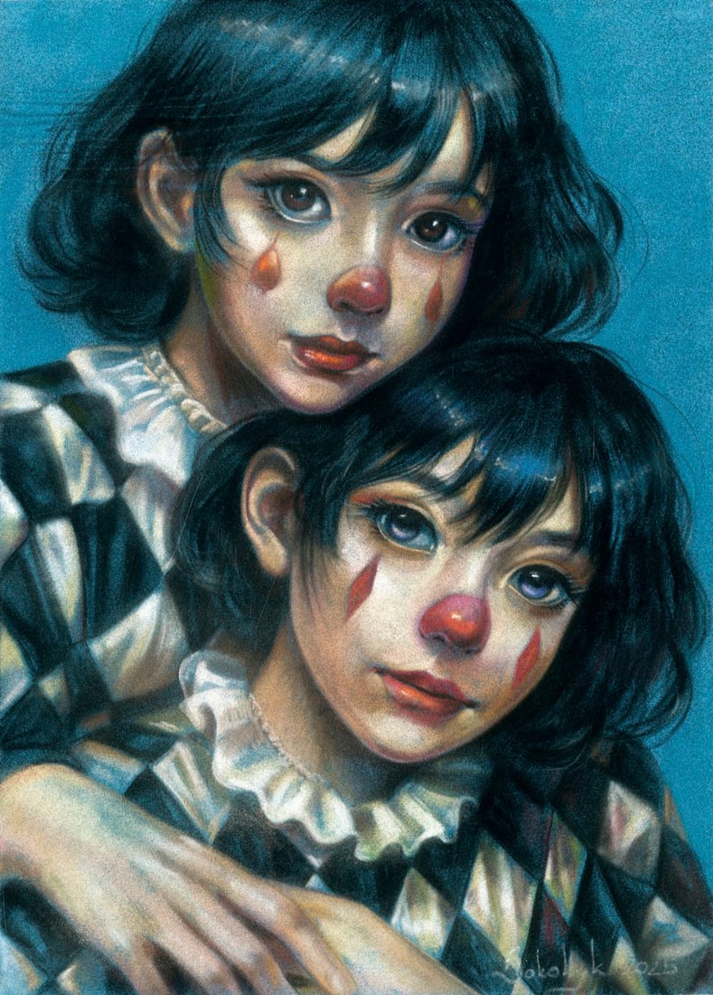 Vira Sokolyk (Ukraine,b 1999) pastel painting: ARTIST: Vira Sokolyk (Ukrainian, born 1999) TITLE: Two Clown Girls MEDIUM: pastel on heavy paper CONDITION: Some small scratches in the upper left quadrant. ART S