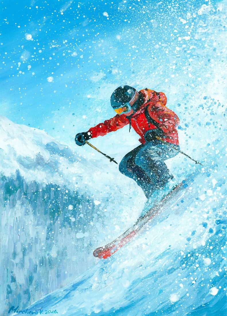 Valeria Mircheva (Ukraine,20/21C) acrylic painting: ARTIST: Valeria Mircheva (Ukrainian, 20/21 centuries) TITLE: Skier MEDIUM: acrylic on heavy paper CONDITION: Very good. ART SIZE: 12 x 8 inches / 30 x 20