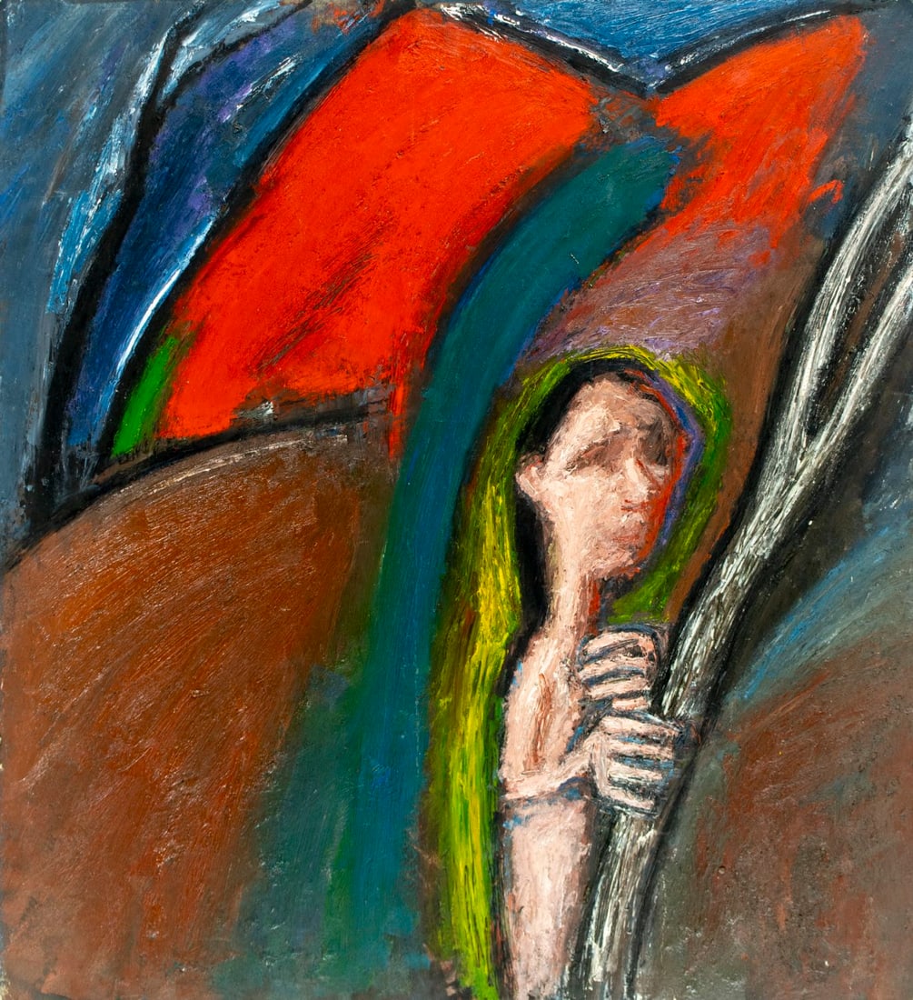 Vintage mid 20C American oil painting: ARTIST: - (American, mid 20 century) TITLE: Surreal Scene with Woman MEDIUM: oil on board CONDITION: Some damages to edges and corners. Some small scratches/paint losses.