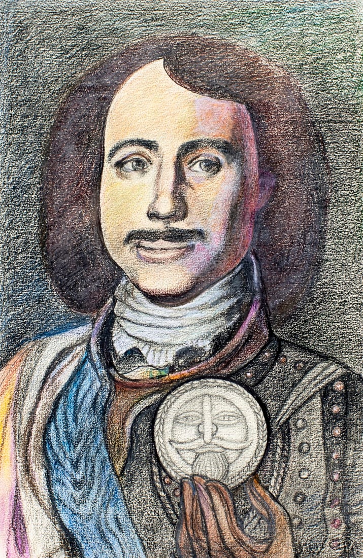 Hal Poth (MO,1924-2017) pastel painting: ARTIST: Harold Ernst Poth (Missouri, 1924 - 2017) TITLE: Portrait of Peter the Great MEDIUM: pastel on heavy paper CONDITION: Overall good. ART SIZE: 1