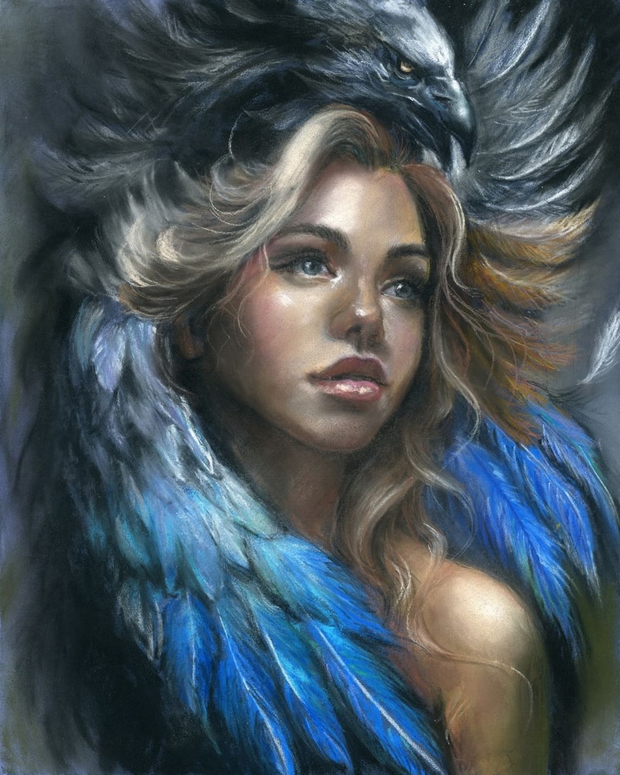 Olesya Grebenyuk (Ukraine,20/21C) pastel painting: ARTIST: Olesya Grebenyuk (Ukrainian, 20/21 centuries) TITLE: Portrait of Woman with Bird MEDIUM: pastel on heavy paper CONDITION: Very good. ART SIZE: 12