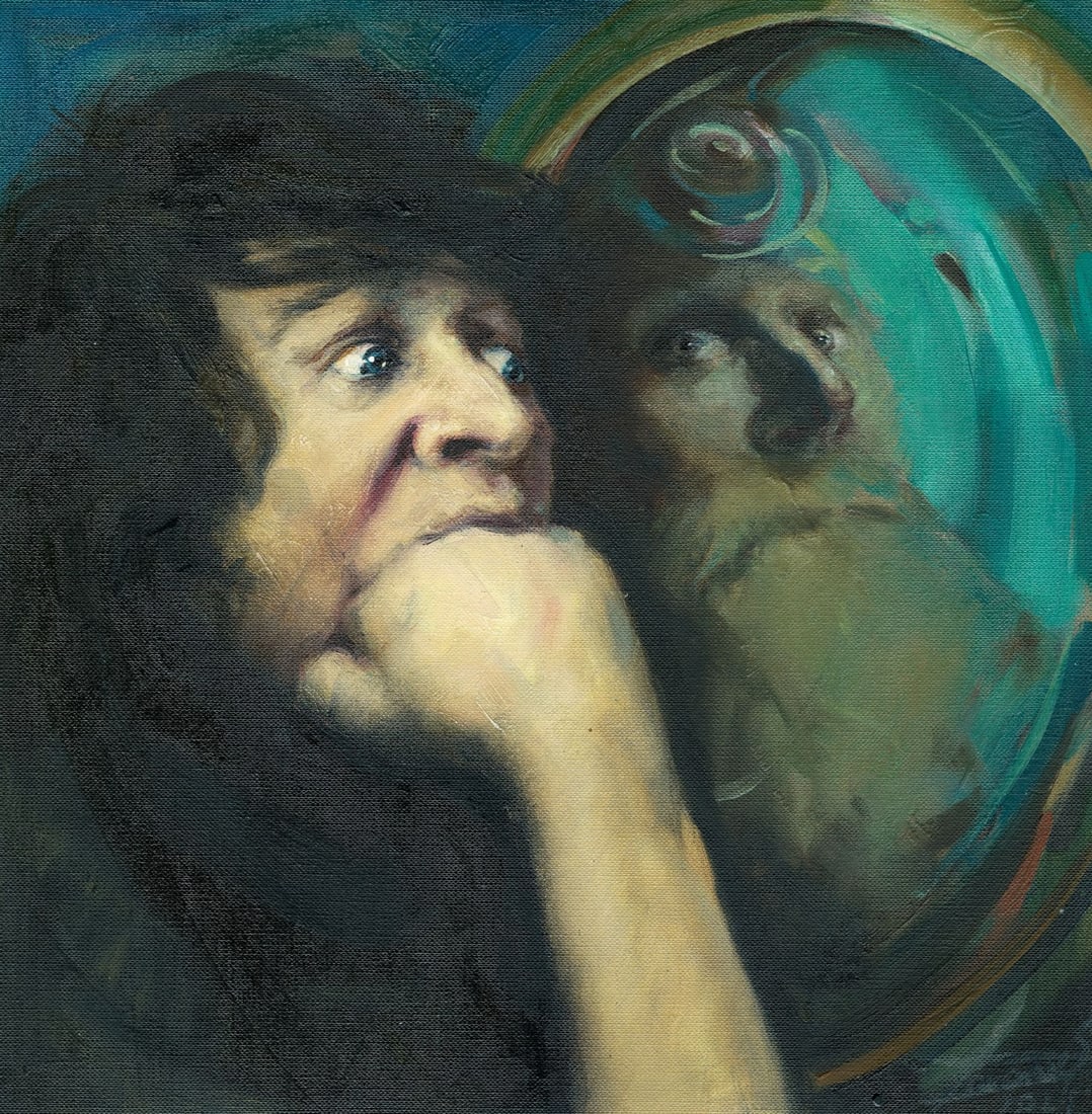 Sergey Dovgan (Ukraine,b 1976) oil painting: ARTIST: Sergey Dovgan (Ukrainian, born 1976) TITLE: Reflection MEDIUM: oil on heavy paper CONDITION: Very good. No visible inpaint under UV light. ART SIZE: