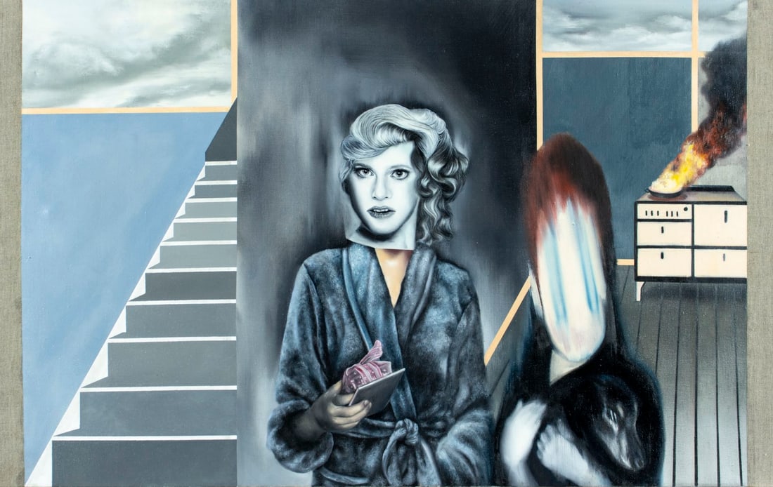 Alannah Farrell (NY,b 1988) oil painting: ARTIST: Alannah Farrell (New York, born 1988) TITLE: Surreal Interior Scene MEDIUM: oil on canvas CONDITION: Overall good. No visible inpaint under UV light. Normal wear to