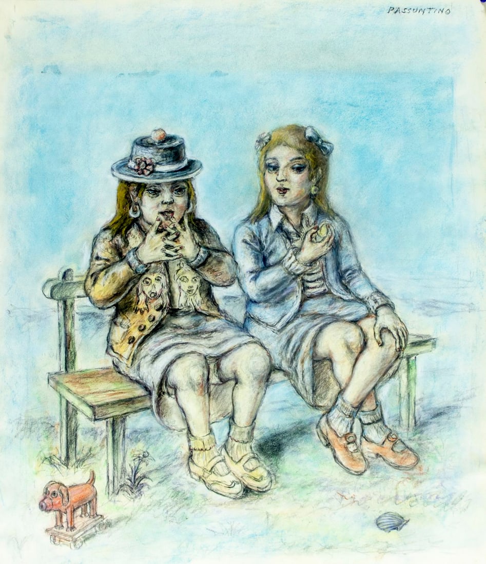 Peter Passuntino (IL,France,1936-) mixed media painting: ARTIST: Peter Zaccaria Passuntino (Illinois, French, 1936 - ???) TITLE: Two Women at Bench MEDIUM: mixed media on heavy paper CONDITION: Some damage to the lower left corn
