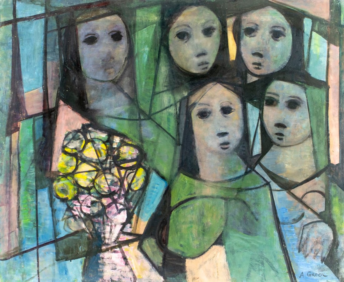 A Green (US,mid 20C) oil painting: ARTIST: A Green (American, mid 20 century) TITLE: Women with Flowers MEDIUM: oil on board CONDITION: Minor damages to corners. Some small scratches/paint losses. No visible