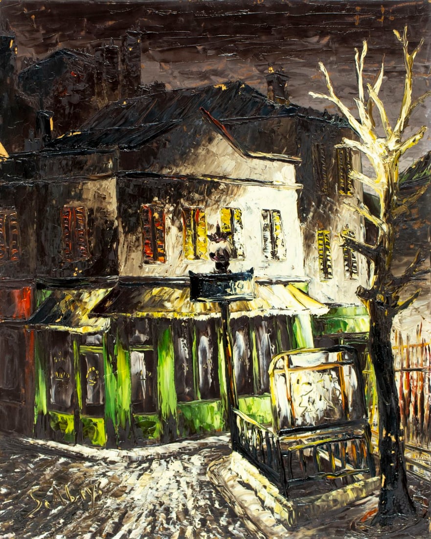 Leon Schwartz Abrys (Hungary,France,1905-1990) oil painting: ARTIST: Leon Schwarz Abrys (Hungarian, French, 1905 - 1990) TITLE: Evening Cityscape MEDIUM: oil on board CONDITION: Some damages to edges. Some paint losses. No visible i
