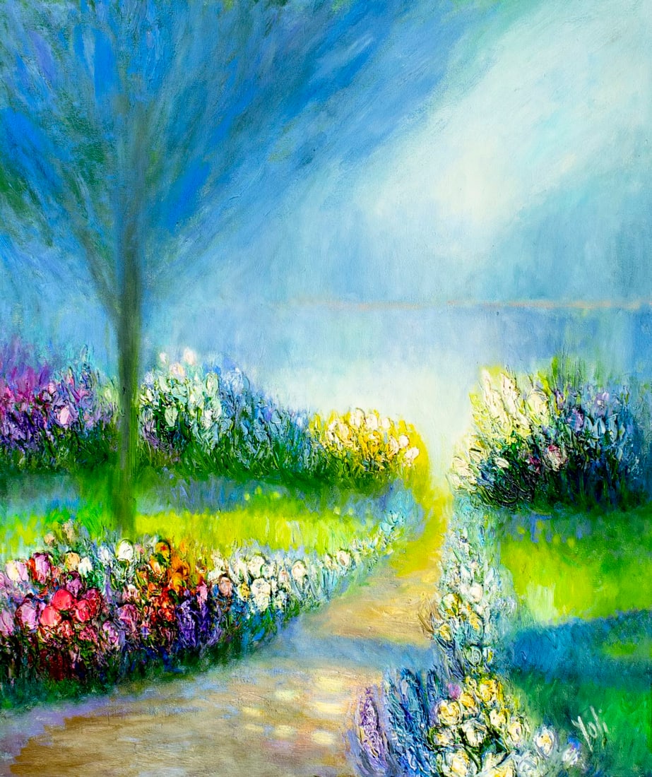 Yolanda Razzeto (Peru,1948-?) oil painting: ARTIST: Yolanda Razzeto (Peruvian, 1948 - ???) TITLE: Lake Landscape MEDIUM: oil on canvas CONDITION: Unstretched (In-House stretching available) (In-House stretching avai