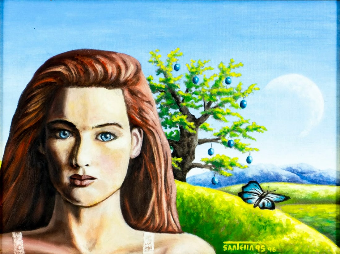 A Santella (US,20/21C) oil painting: ARTIST: A Santella (American, 20/21 centuries) TITLE: Portrait of Woman YEAR: 1996 MEDIUM: oil on canvas board CONDITION: Some faint scratches. No visibl