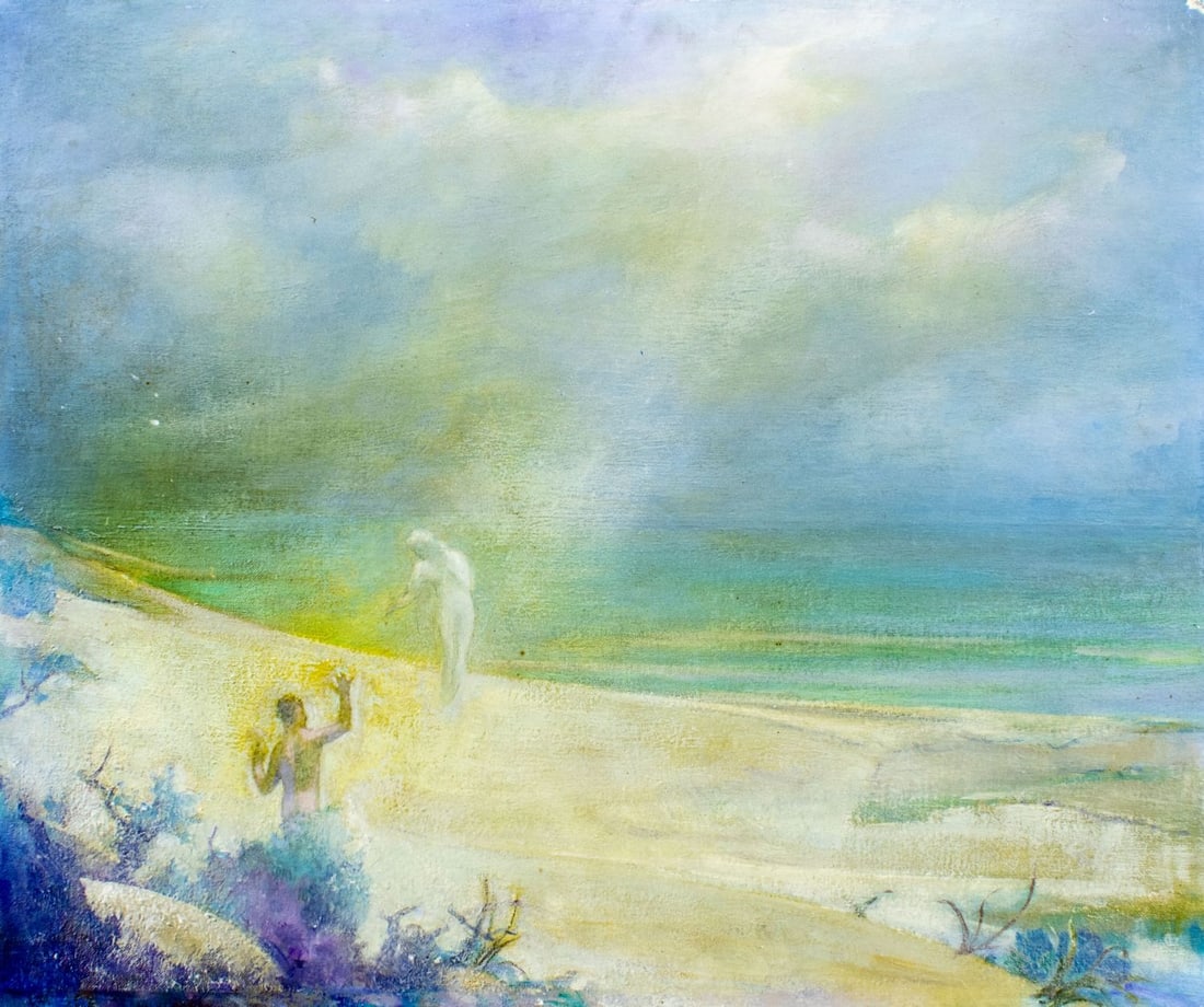 Carl Brandien (NY,1886-1965) oil painting: ARTIST: Carl William Brandien (New York, 1886 - 1965) TITLE: Out of the Beyond MEDIUM: oil on canvas board CONDITION: Some damages to corners. Some small paint losses. Som