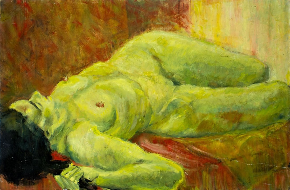 Thelma Thal (NY,1903-2001) oil painting: ARTIST: Thelma Thal (New York, 1903 - 2001) TITLE: Sleeping Nude MEDIUM: oil on board CONDITION: Some small damages to corners. Some scratches/paint losses mostly along th