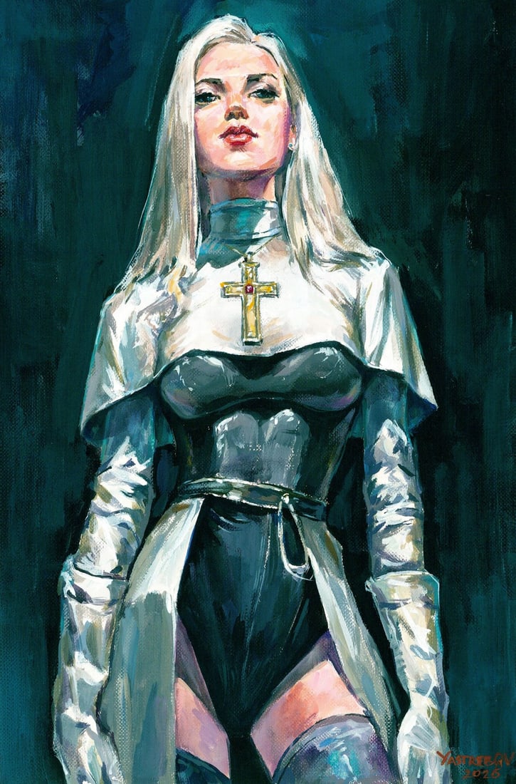 Aleksandr Yastrebov (Ukraine,b 1989) oil painting: ARTIST: Aleksandr Yastrebov (Ukrainian, born 1989) TITLE: Nun MEDIUM: oil on heavy paper CONDITION: Very good. No visible inpaint under UV light. ART SIZE: