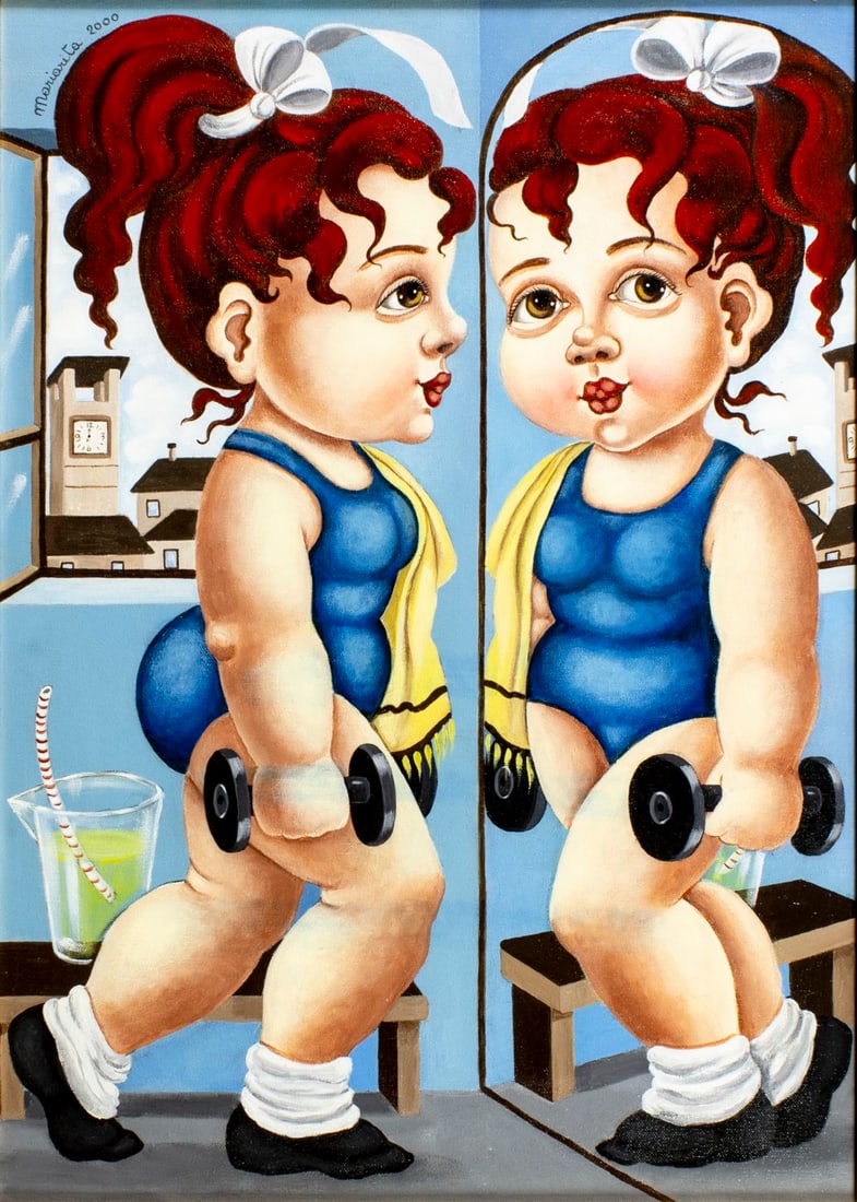 Mariarita Brunazzi (Italy,20/21C) oil painting: ARTIST: Mariarita Brunazzi (Italian, 20/21 centuries) TITLE: Fitness (titled on verso) YEAR: 2000 MEDIUM: oil on canvas CONDITION: Very good. No visible