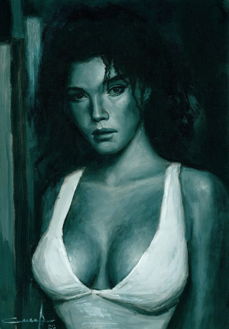 Evgeniy Smyrnyy (Ukraine,b 1987) oil painting: ARTIST: Evgeniy Smyrnyy (Ukraine, born 1987) TITLE: Portrait of Woman in White MEDIUM: oil on heavy paper CONDITION: Very good. No visible inpaint under UV light.