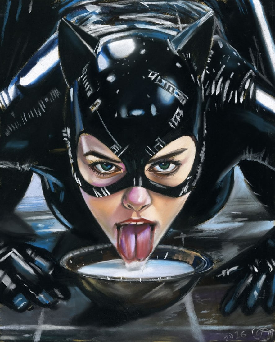 Genadiy Achkasov (Ukraine,b 1965) pastel painting: ARTIST: Genadiy Achkasov (Ukrainian, born 1965) TITLE: Catwoman Drinking Milk MEDIUM: pastel on heavy paper CONDITION: Few minor scratches/paint losses. ART SIZE: