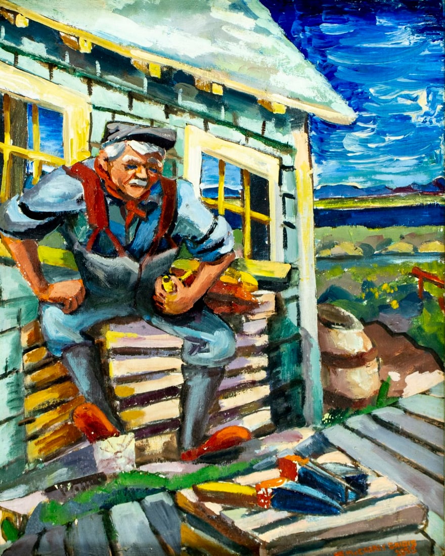 M McCrealy Gaidis (US,mid 20C) oil painting: ARTIST: M McCrealy Gaidis (American, mid 20 century) TITLE: Fisherman at Home YEAR: 1953 MEDIUM: oil on canvas board CONDITION: One pinhole by the right