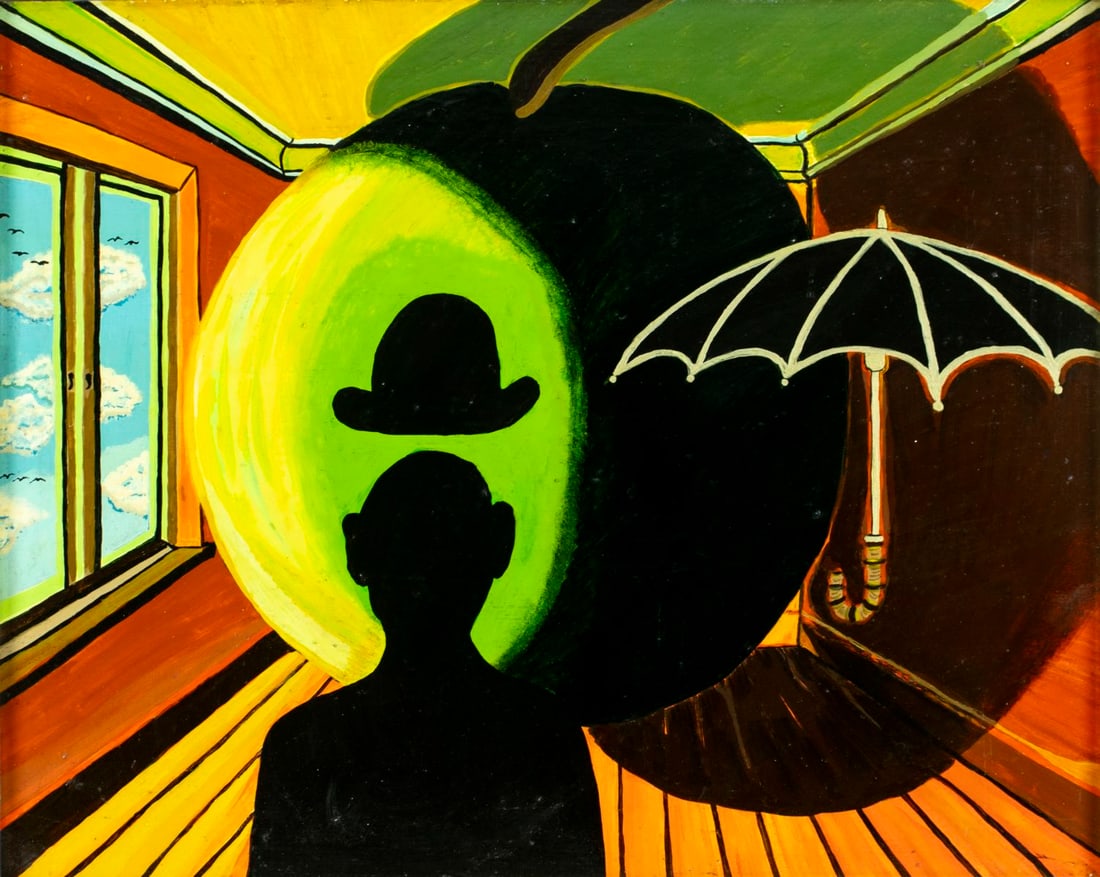 R D Bissett (US,20C) acrylic painting: ARTIST: R D Bissett (American, 20 century) TITLE: The Apple of my Eye YEAR: 1987 MEDIUM: acrylic on board CONDITION: Some small faint scratches. Few very