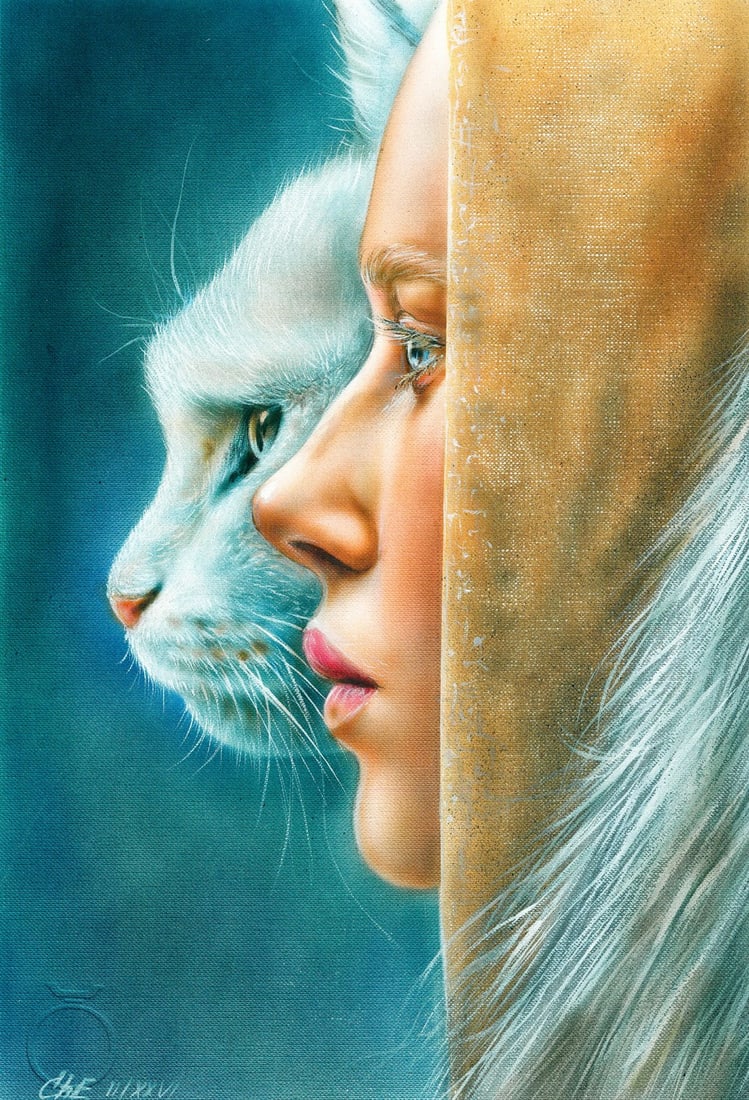 Evgeniy Chunikhin (Ukraine,b 1976) acrylic painting: ARTIST: Evgeniy Chunikhin (Ukraine, born 1976) TITLE: Woman with Cat MEDIUM: acrylic on heavy paper CONDITION: Very good. ART SIZE: 13 x 9 inches / 33 x